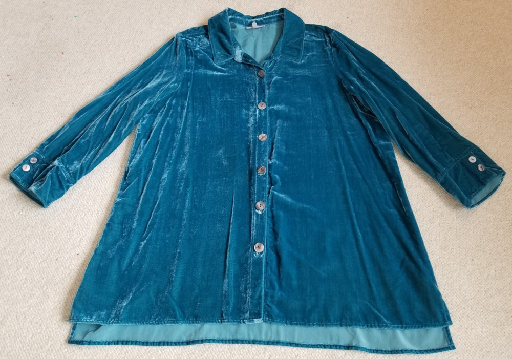 Womens Top-HABITAT-teal blue velvet button-up tunic lagenlook whimsigoth-XL